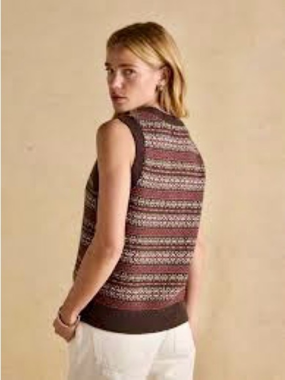 Lizsport Petite Fair Isle Sweater Vest Brown Red Button Front Size S